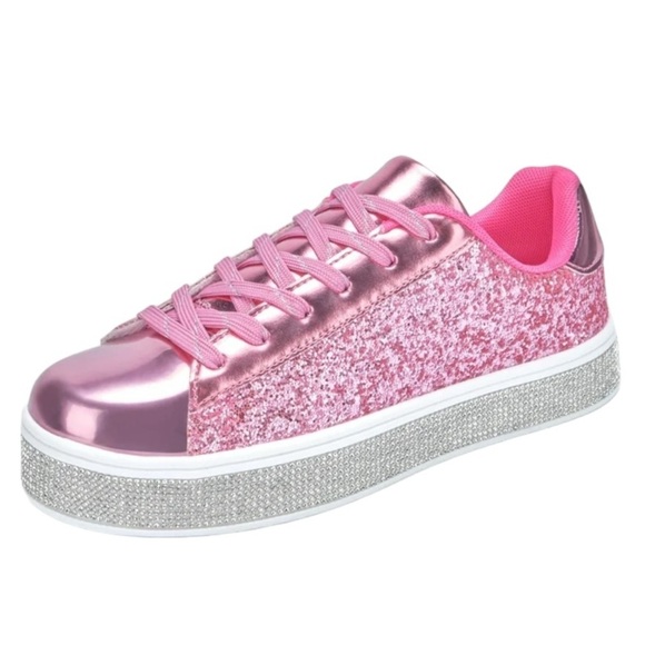 New Pink Glitter White w Rhinestone 2” Platform Festival Party Sneakers Size 7.5 - Picture 1 of 16